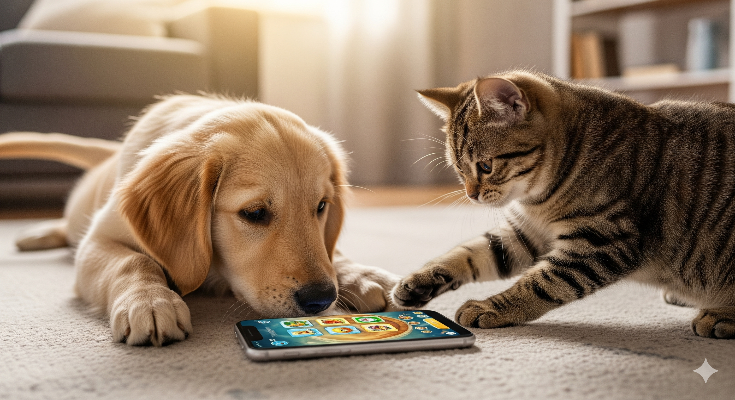 Dog and cat with phone