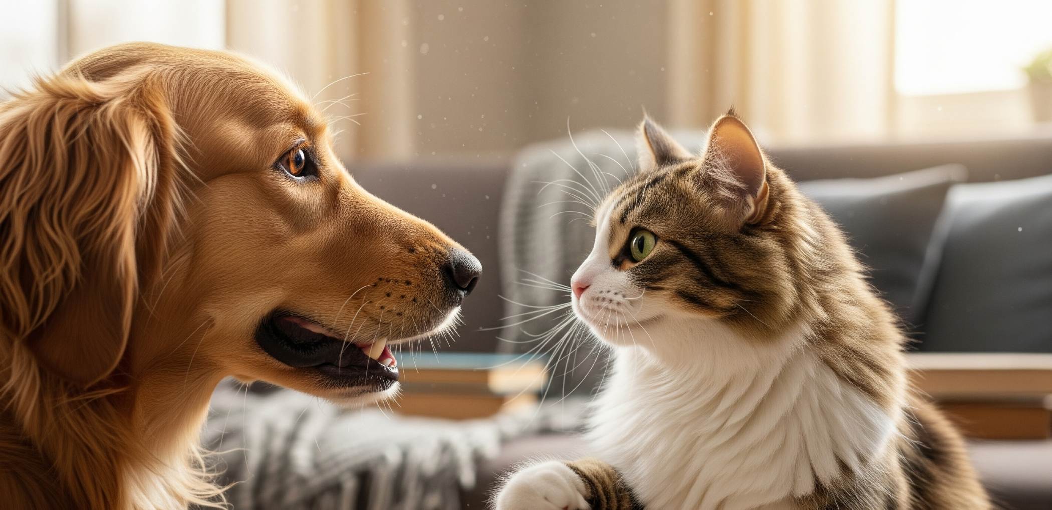 Dog and cat looking at each other