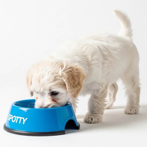 Puppy eating from Spotty bowl